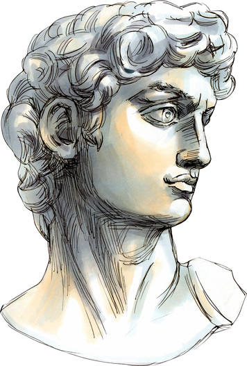 Hand drawn sketch markers illustration of of renaissance sculpture Head of David of Michelangelo